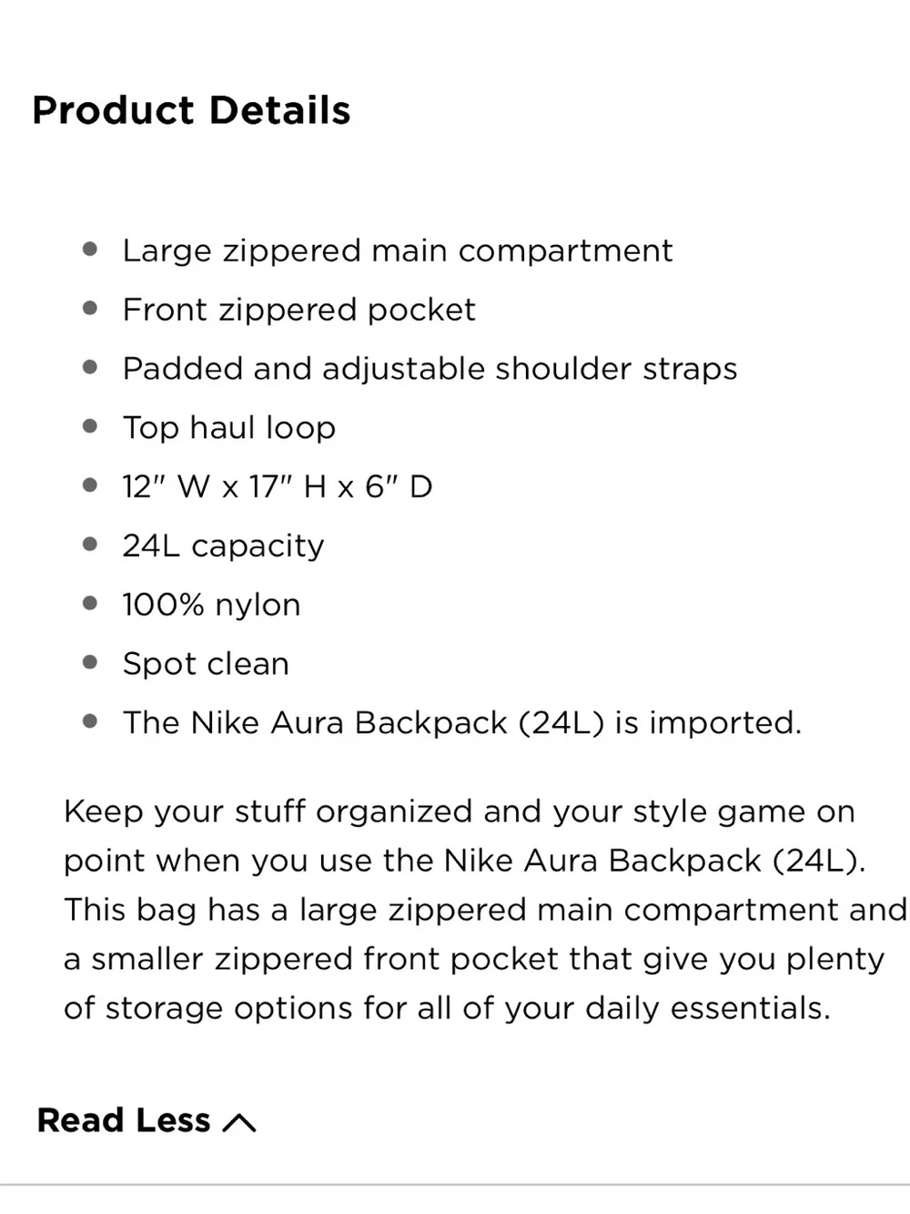 Nike sized zipped backpanel